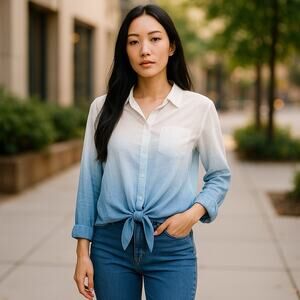 NEW Rails Linen Blend Tie Front Top Blue, White Button Front Long Sleeve XXL